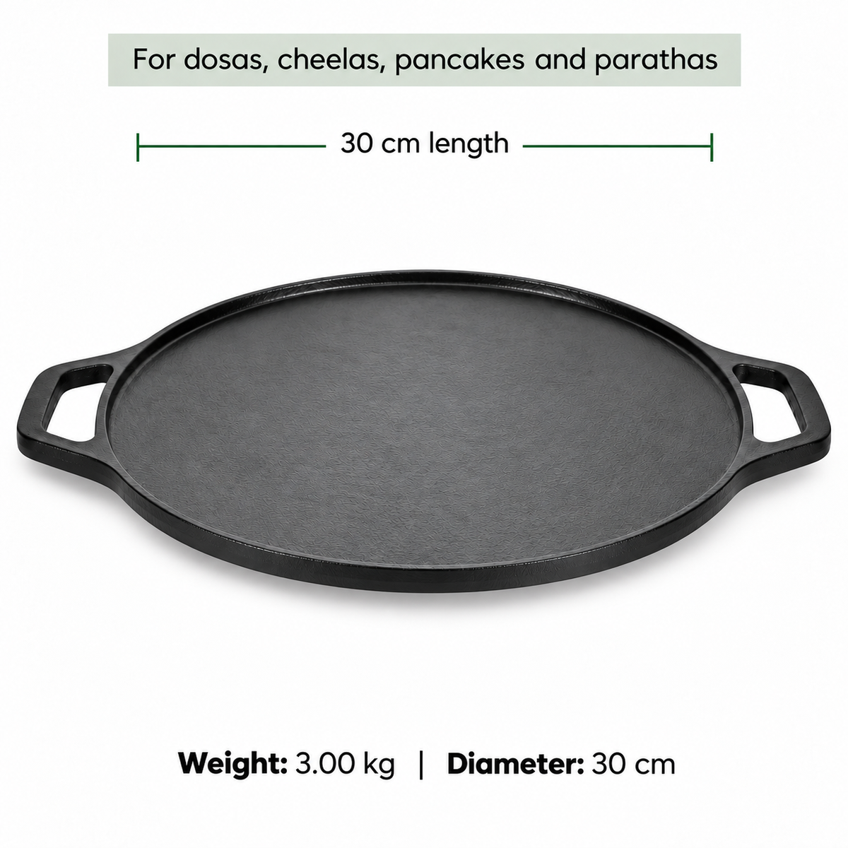 Cast Iron Dosa Tawa - 30cm - 100% Natural & Non-Stick | Pre Seasoned | Made In India
