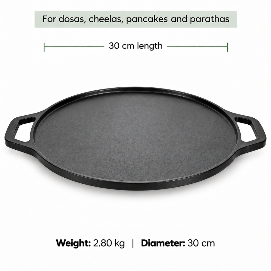 Cast Iron Dosa Tawa - 30cm - 100% Natural & Non-Stick | Pre Seasoned | Made In India
