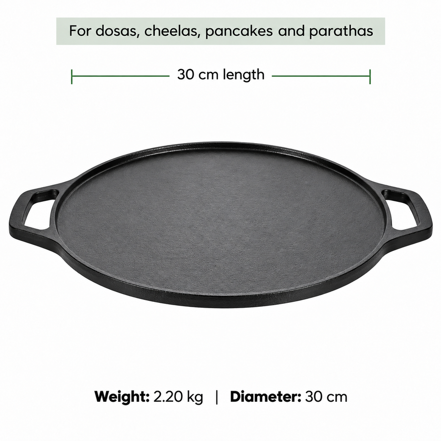 Cast Iron Dosa Tawa - 30cm - 100% Natural & Non-Stick | Pre Seasoned | Made In India