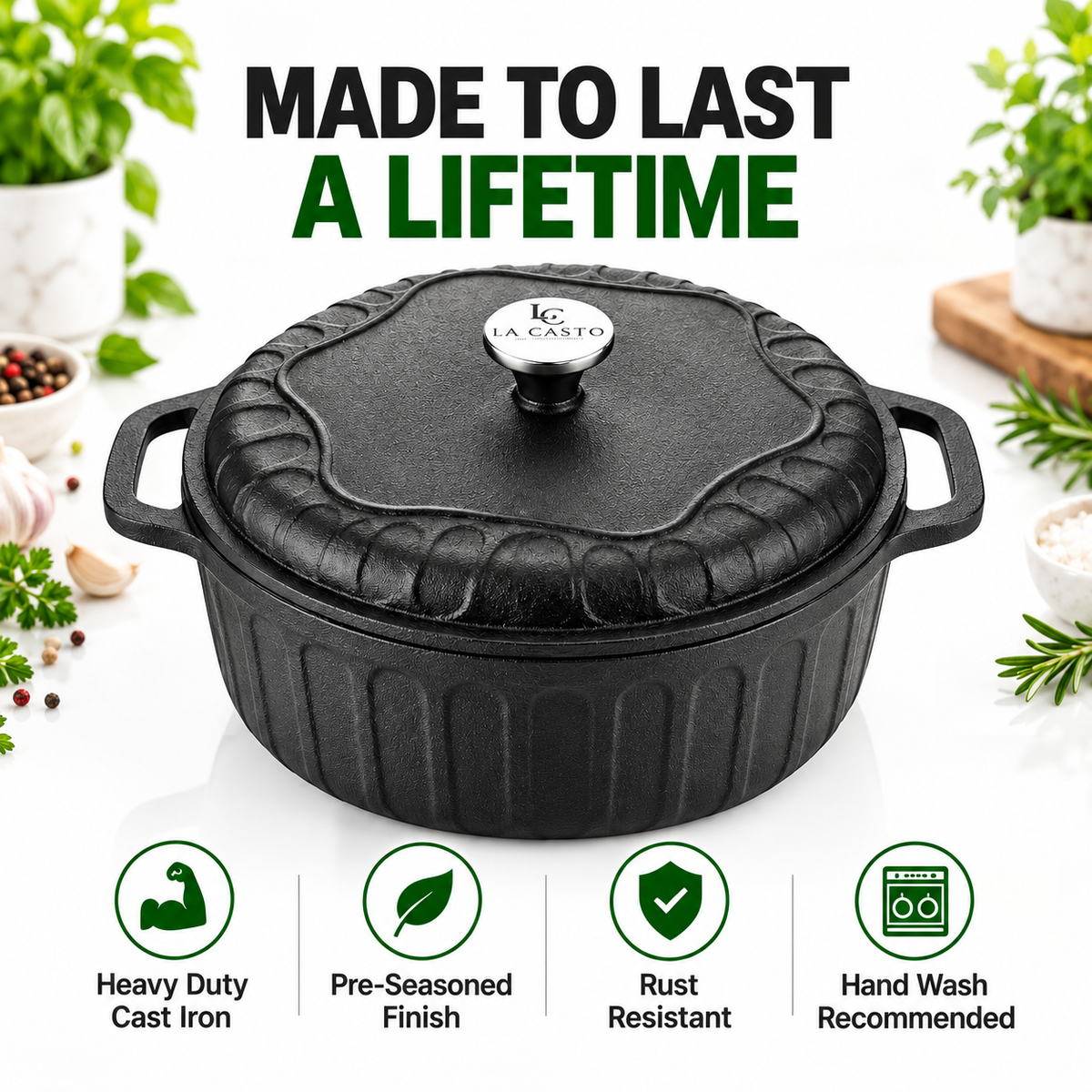 Cast Iron Dutch Oven With Lid - 26CM - 5L Capacity - 100% Natural & Non-Stick | Pre-Seasoned Oil | Made In India