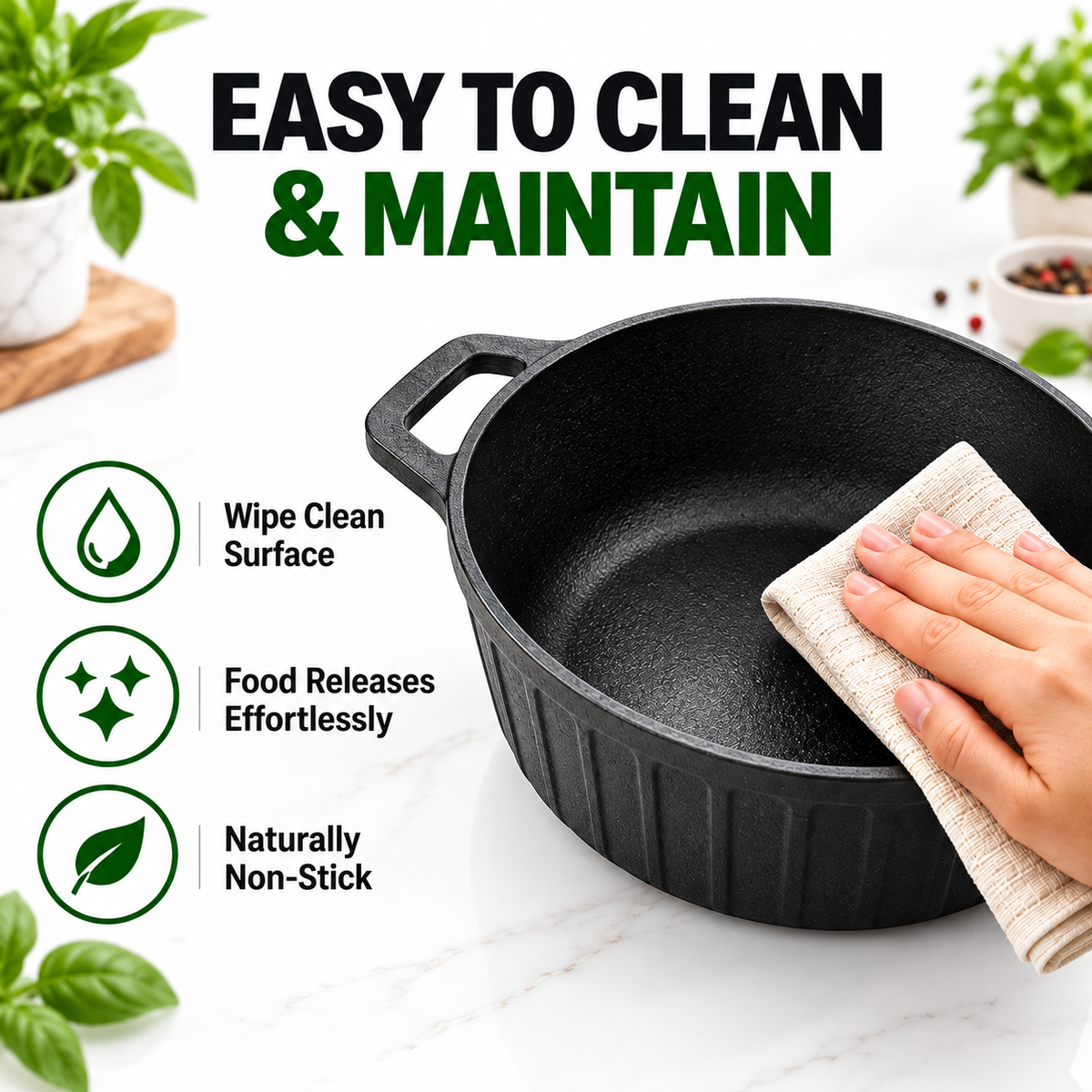 Cast Iron Dutch Oven With Lid - 26CM - 5L Capacity - 100% Natural & Non-Stick | Pre-Seasoned Oil | Made In India