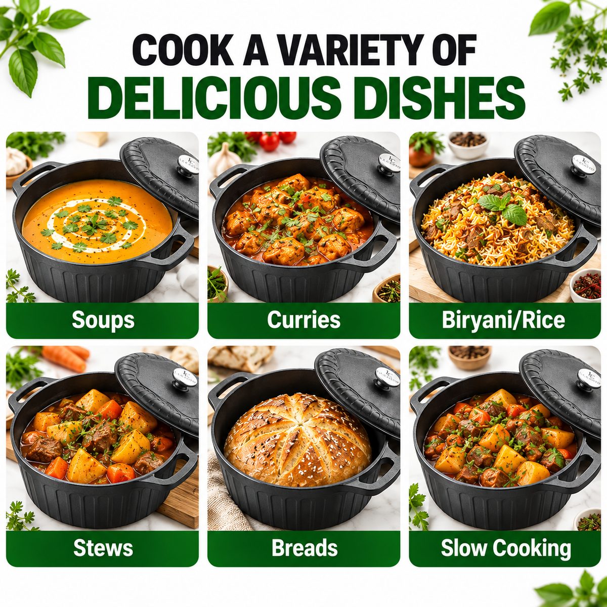 Cast Iron Dutch Oven With Lid - 26CM - 5L Capacity - 100% Natural & Non-Stick | Pre-Seasoned Oil | Made In India