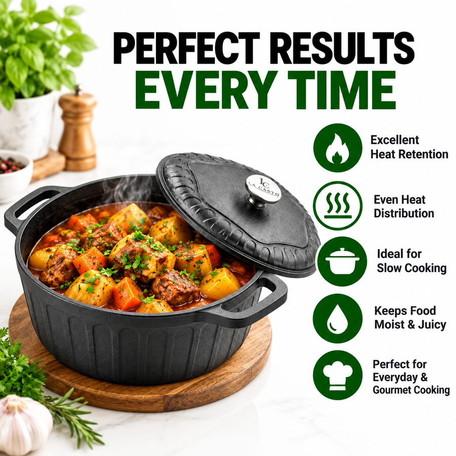 Cast Iron Dutch Oven With Lid - 26CM - 5L Capacity - 100% Natural & Non-Stick | Pre-Seasoned Oil | Made In India