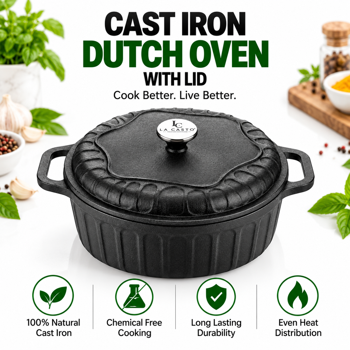 Cast Iron Dutch Oven With Lid - 26CM - 5L Capacity - 100% Natural & Non-Stick | Pre-Seasoned Oil | Made In India