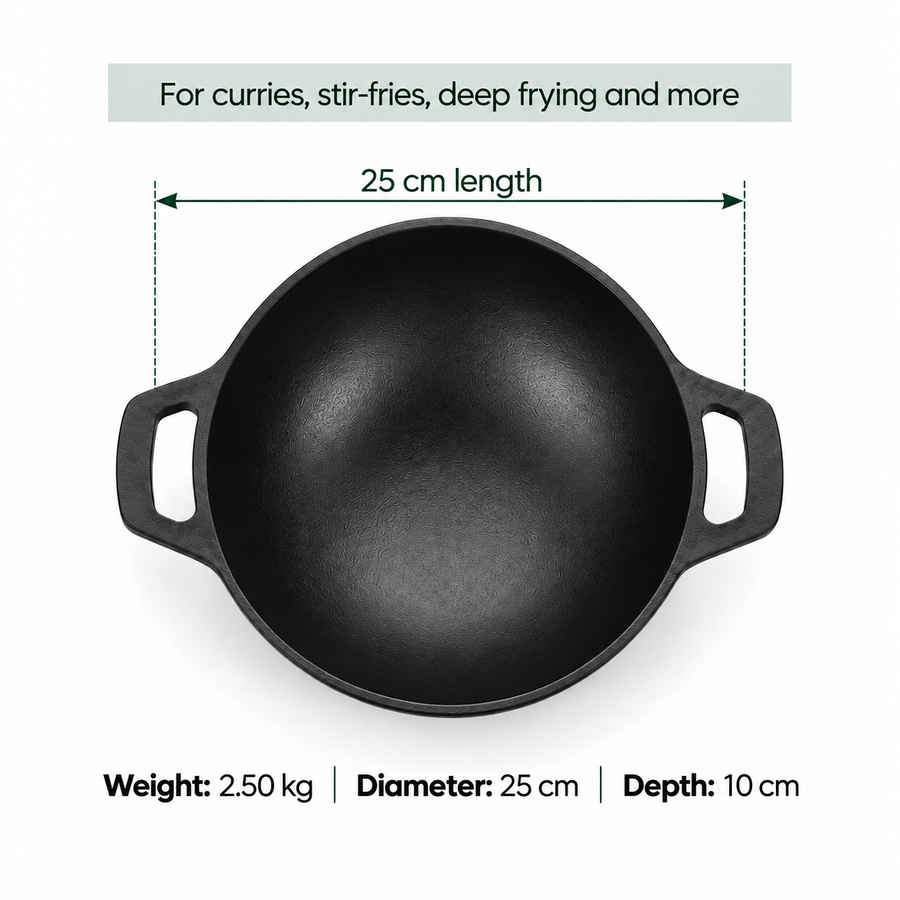Cast Iron Kadai 10 Inches | Wide Heavy-Duty Iron Cooking Kadai