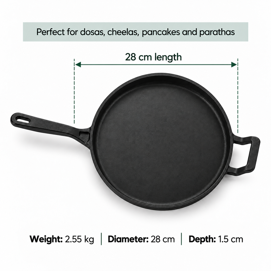 Cast Iron Dosa Tawa - 28cm - 100% Natural & Non-Stick | Pre Seasoned | Made In India