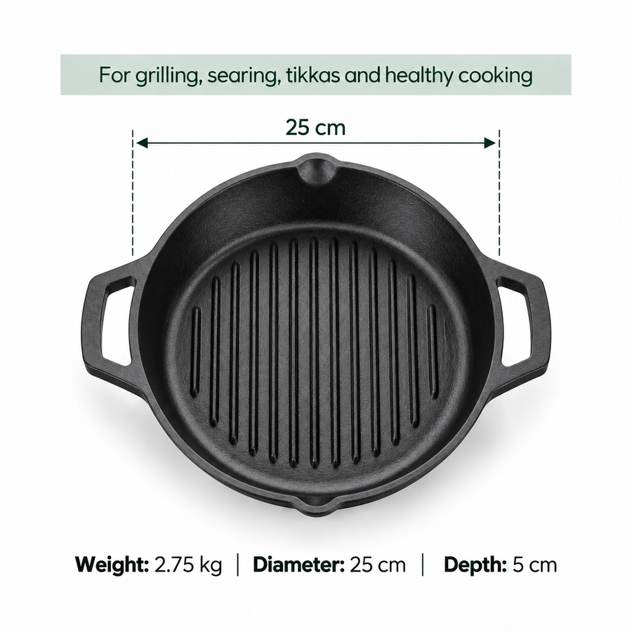 Cast Iron Grill Kadai 10 Inches | Heavy-Duty Ribbed Cast Iron Grill Pan