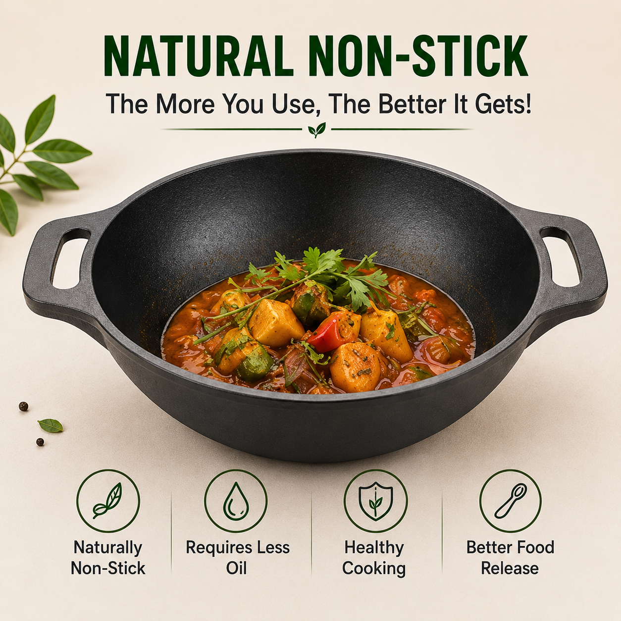 Cast Iron Kadai 10 Inches | Wide Heavy-Duty Iron Cooking Kadai