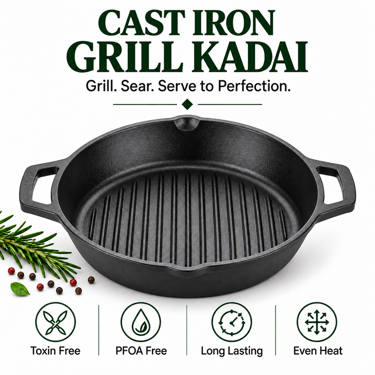 Cast Iron Grill Kadai 10 Inches | Heavy-Duty Ribbed Cast Iron Grill Pan