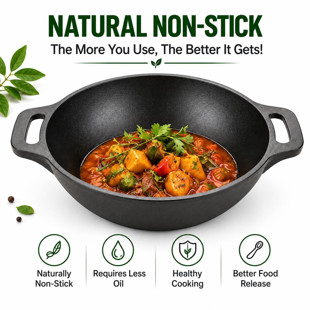 Cast Iron Kadai 10 Inches | Wide Heavy-Duty Iron Cooking Kadai
