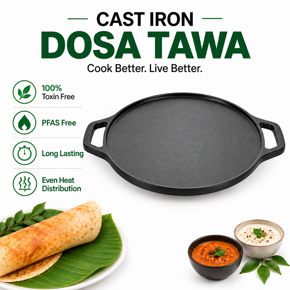 Cast Iron Dosa Tawa - 30cm - 100% Natural & Non-Stick | Pre Seasoned | Made In India