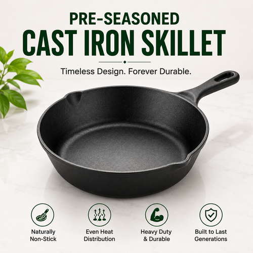 Cast Iron Fry Pan 8 Inches - Heavy-Duty Pre-Seasoned Cooking Pan