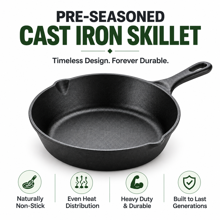 Cast Iron Fry Pan 8 Inches - Heavy-Duty Pre-Seasoned Cooking Pan