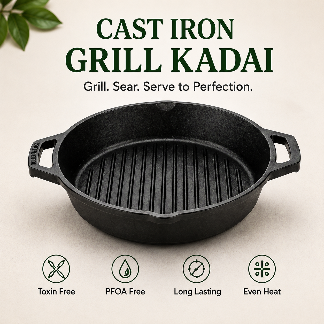 Cast Iron Grill Kadai 10 Inches | Heavy-Duty Ribbed Cast Iron Grill Pan