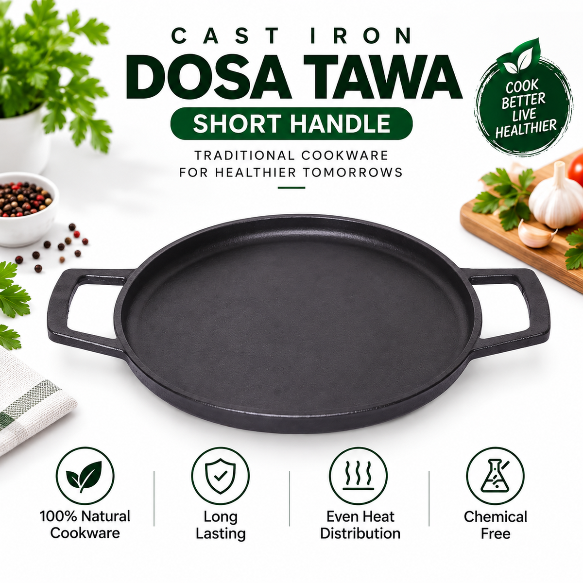 Cast Iron Dosa Tawa Short Handle 28cm