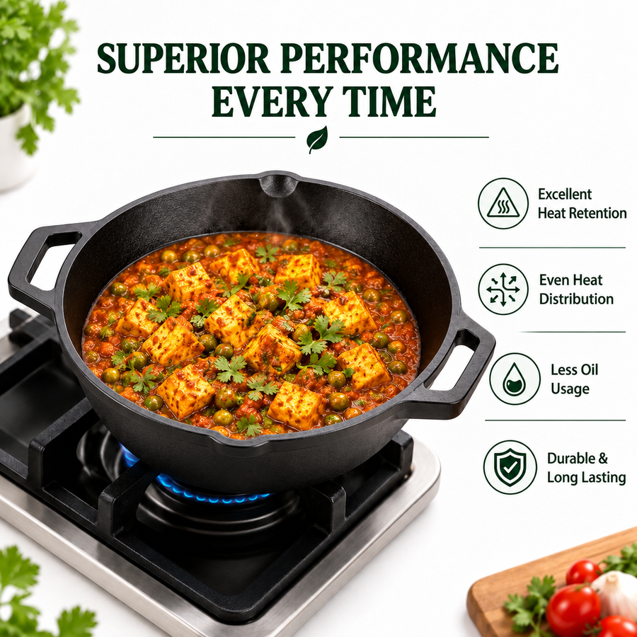 Cast Iron Kadai 10 Inches | Heavy-Duty Traditional Iron Cooking Kadai