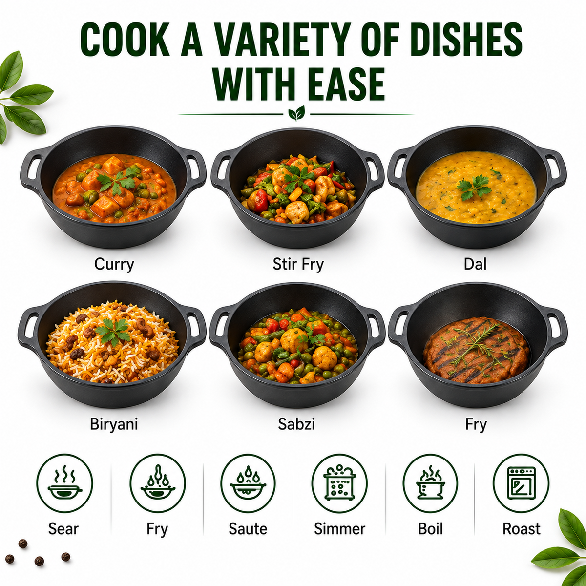 Cast Iron Kadai 10 Inches | Wide Heavy-Duty Iron Cooking Kadai