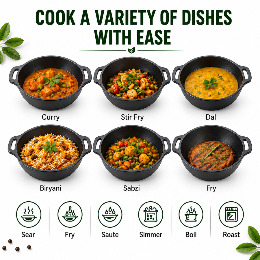 Cast Iron Kadai 10 Inches | Wide Heavy-Duty Iron Cooking Kadai