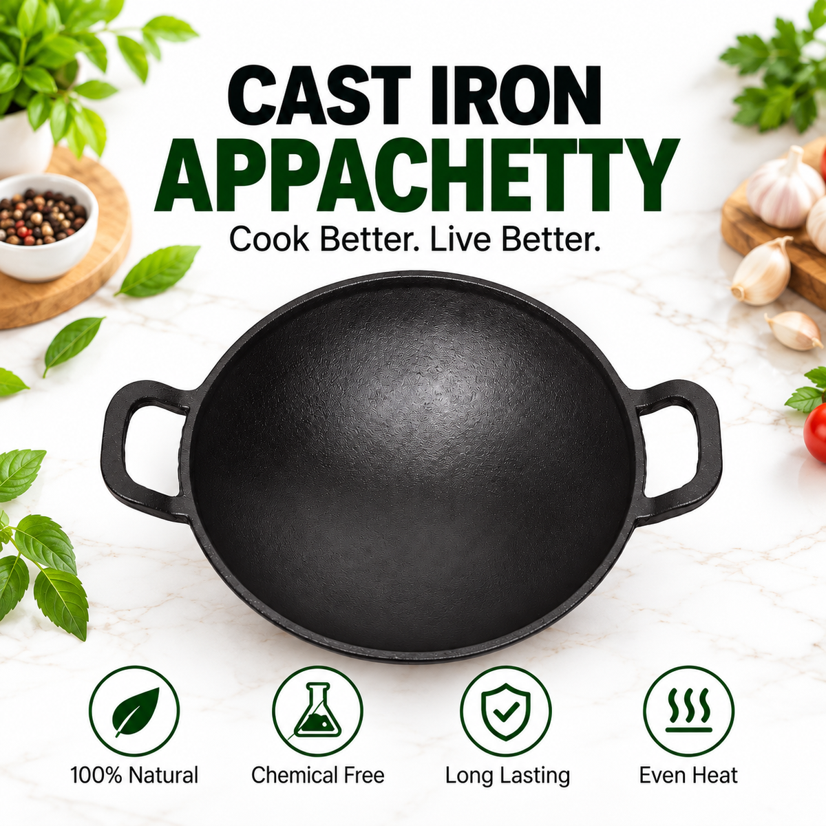 Cast Iron Appachetty - 20CM - 100% Natural & Non-Stick | Pre-Seasoned Oil | Made In India