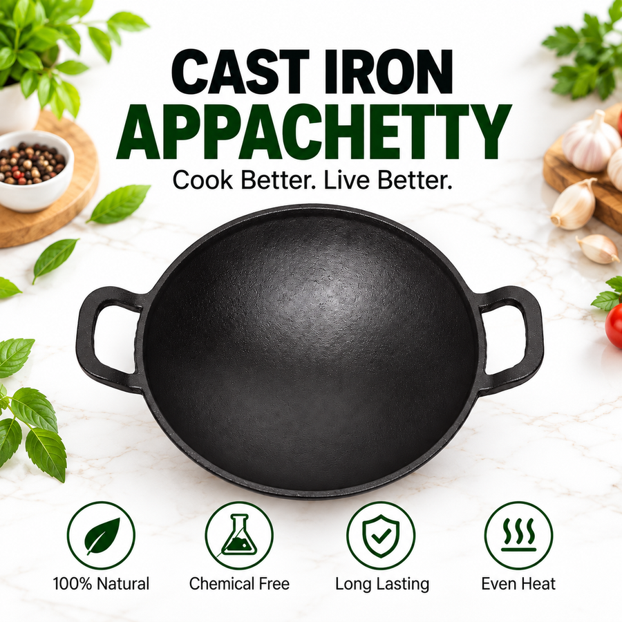 Cast Iron Appachetty - 20CM - 100% Natural & Non-Stick | Pre-Seasoned Oil | Made In India