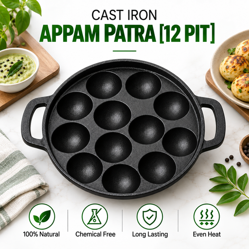 Cast Iron Appam Patra [12 Pit] - 100% Natural & Non-Stick | Pre-Seasoned Oil | Made In India