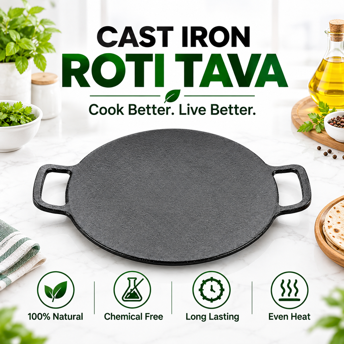 Cast Iron Roti Tawa [Two Side Handle] - 25CM - 100% Natural & Non-Stick | Pre-Seasoned Oil | Made In India
