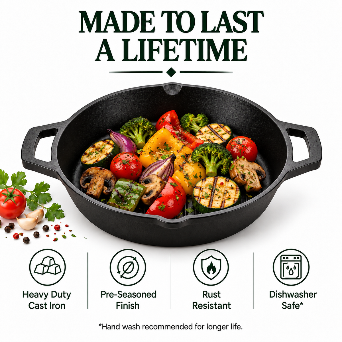 Cast Iron Grill Kadai 10 Inches | Heavy-Duty Ribbed Cast Iron Grill Pan