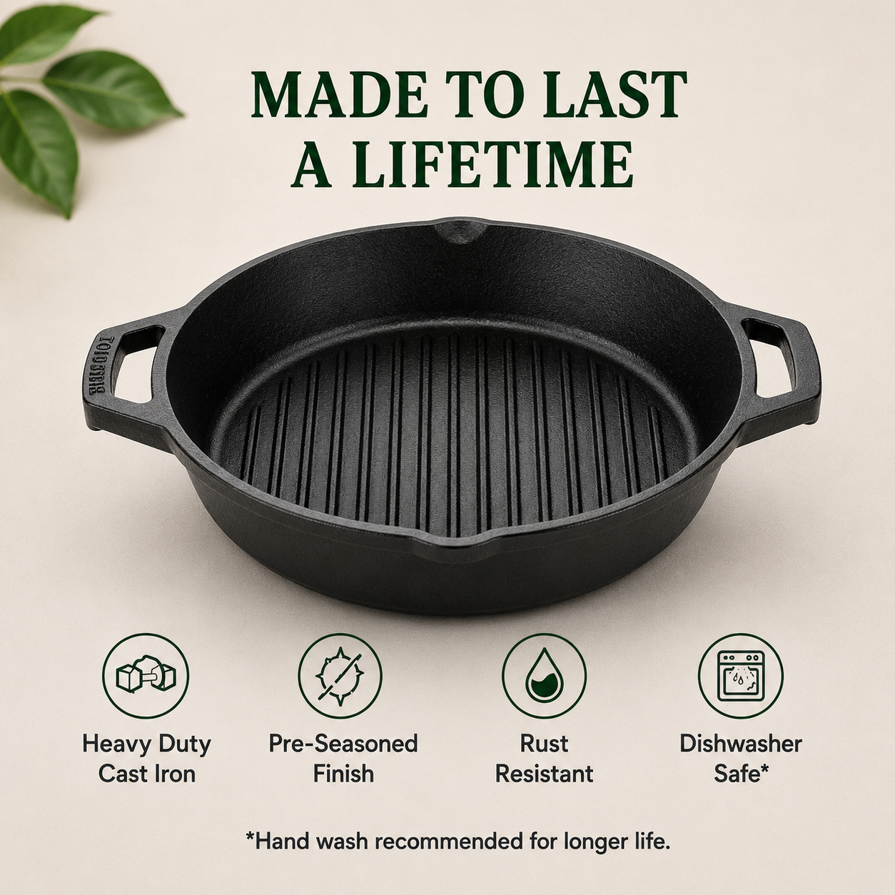Cast Iron Grill Kadai 10 Inches | Heavy-Duty Ribbed Cast Iron Grill Pan