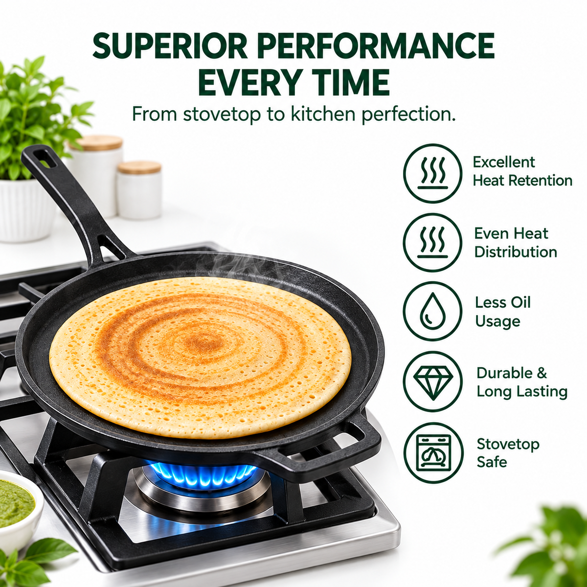 Cast Iron Dosa Tawa - 28cm - 100% Natural & Non-Stick | Pre Seasoned | Made In India