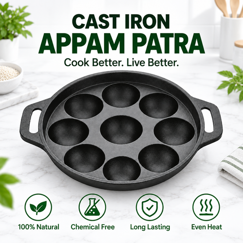 Cast Iron Appam Patra [9 Pit] - 100% Natural & Non-Stick | Pre-Seasoned Oil | Made In India