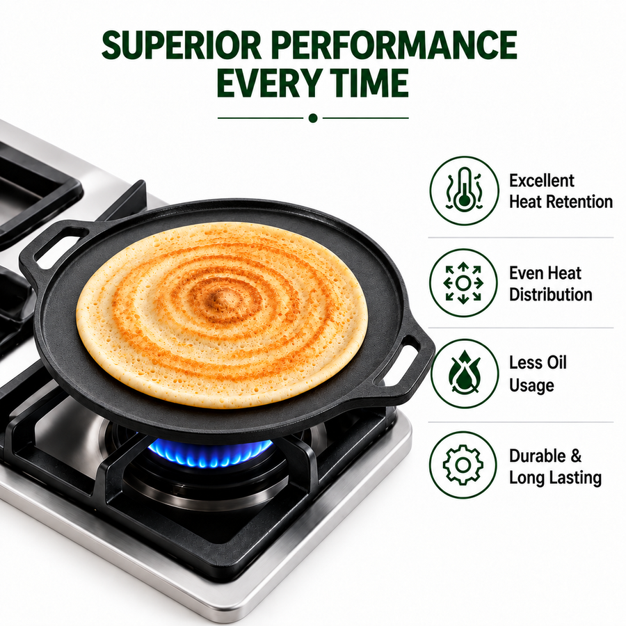 Cast Iron Dosa Tawa - 30cm - 100% Natural & Non-Stick | Pre Seasoned | Made In India