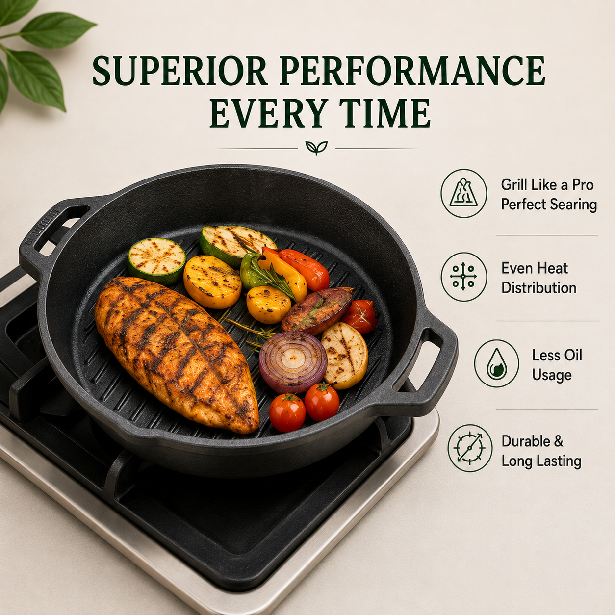 Cast Iron Grill Kadai 10 Inches | Heavy-Duty Ribbed Cast Iron Grill Pan