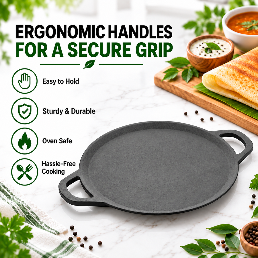Premium Cast Iron Dosa Tawa [Double Handle] - 33CM - 100% Natural & Non-Stick | Pre-Seasoned Oil | Made In India