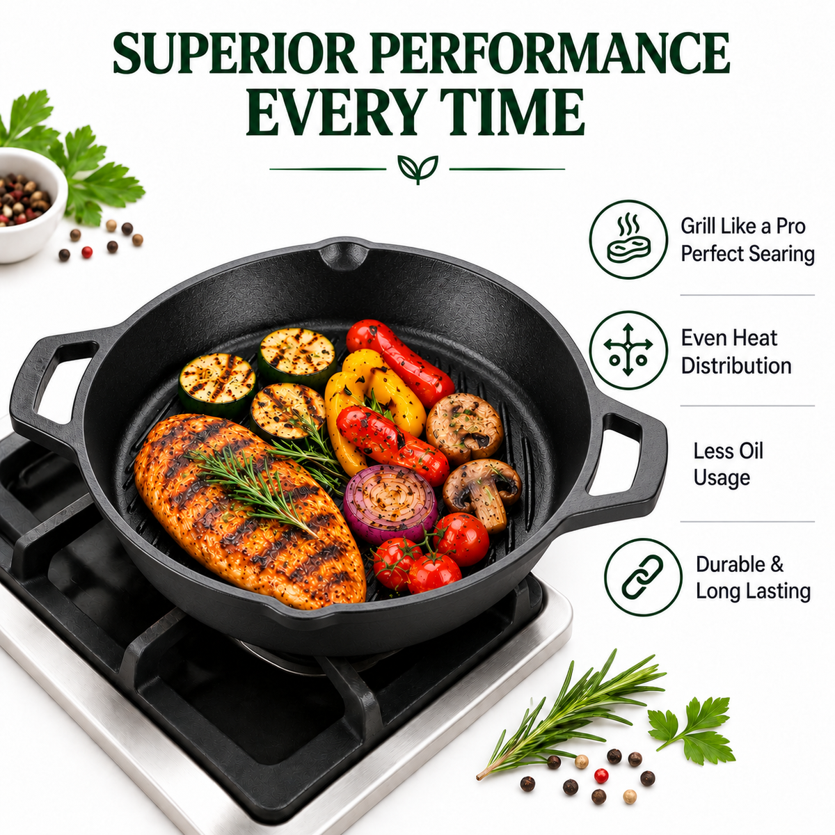 Cast Iron Grill Kadai 10 Inches | Heavy-Duty Ribbed Cast Iron Grill Pan