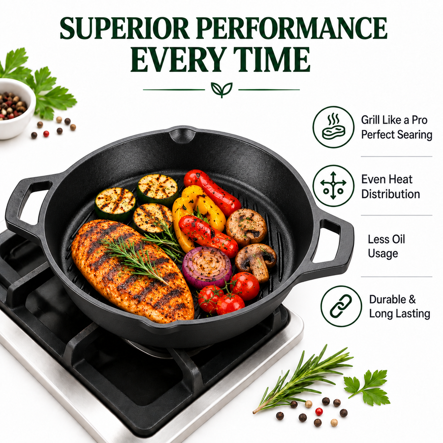 Cast Iron Grill Kadai 10 Inches | Heavy-Duty Ribbed Cast Iron Grill Pan