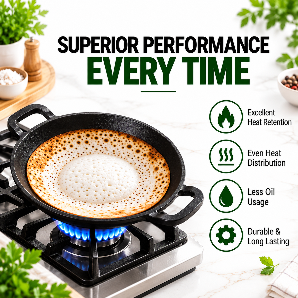 Cast Iron Appachetty - 20CM - 100% Natural & Non-Stick | Pre-Seasoned Oil | Made In India