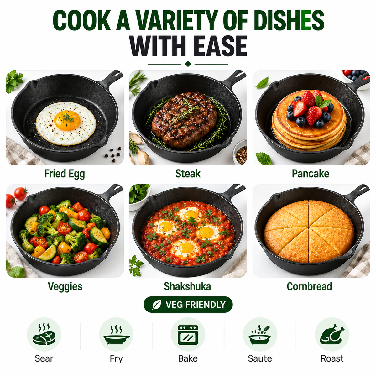 Cast Iron Fry Pan 8 Inches - Heavy-Duty Pre-Seasoned Cooking Pan