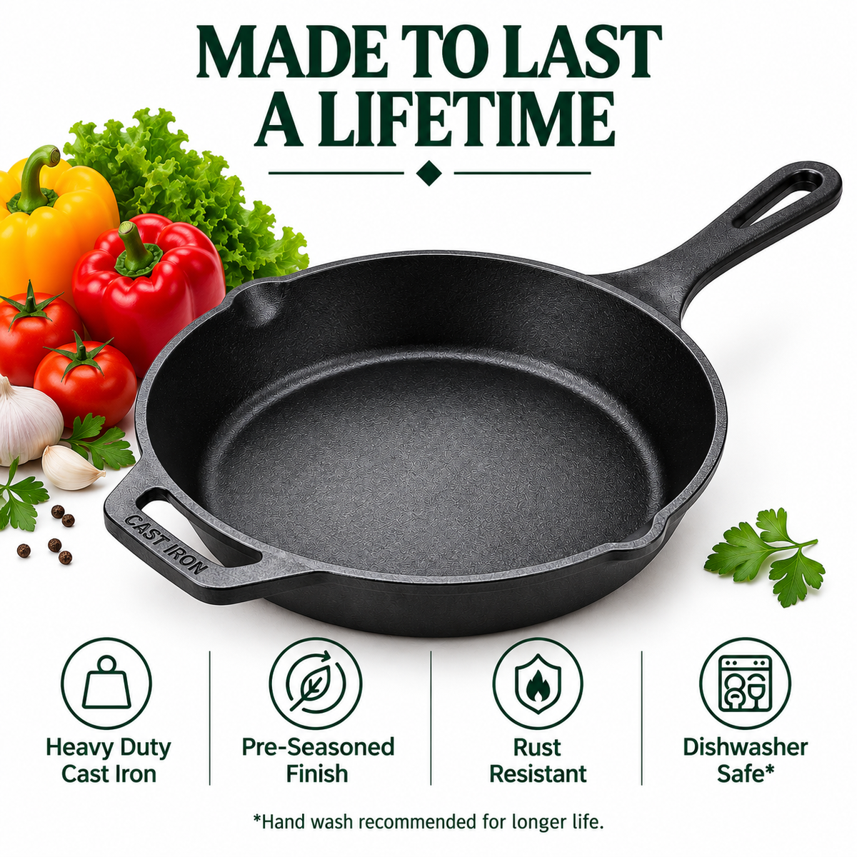 Cast Iron Fry Pan 10 Inches | Heavy-Duty Cast Iron Cooking Pan