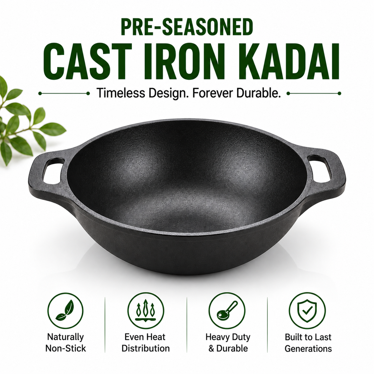 Cast Iron Kadai 10 Inches | Wide Heavy-Duty Iron Cooking Kadai