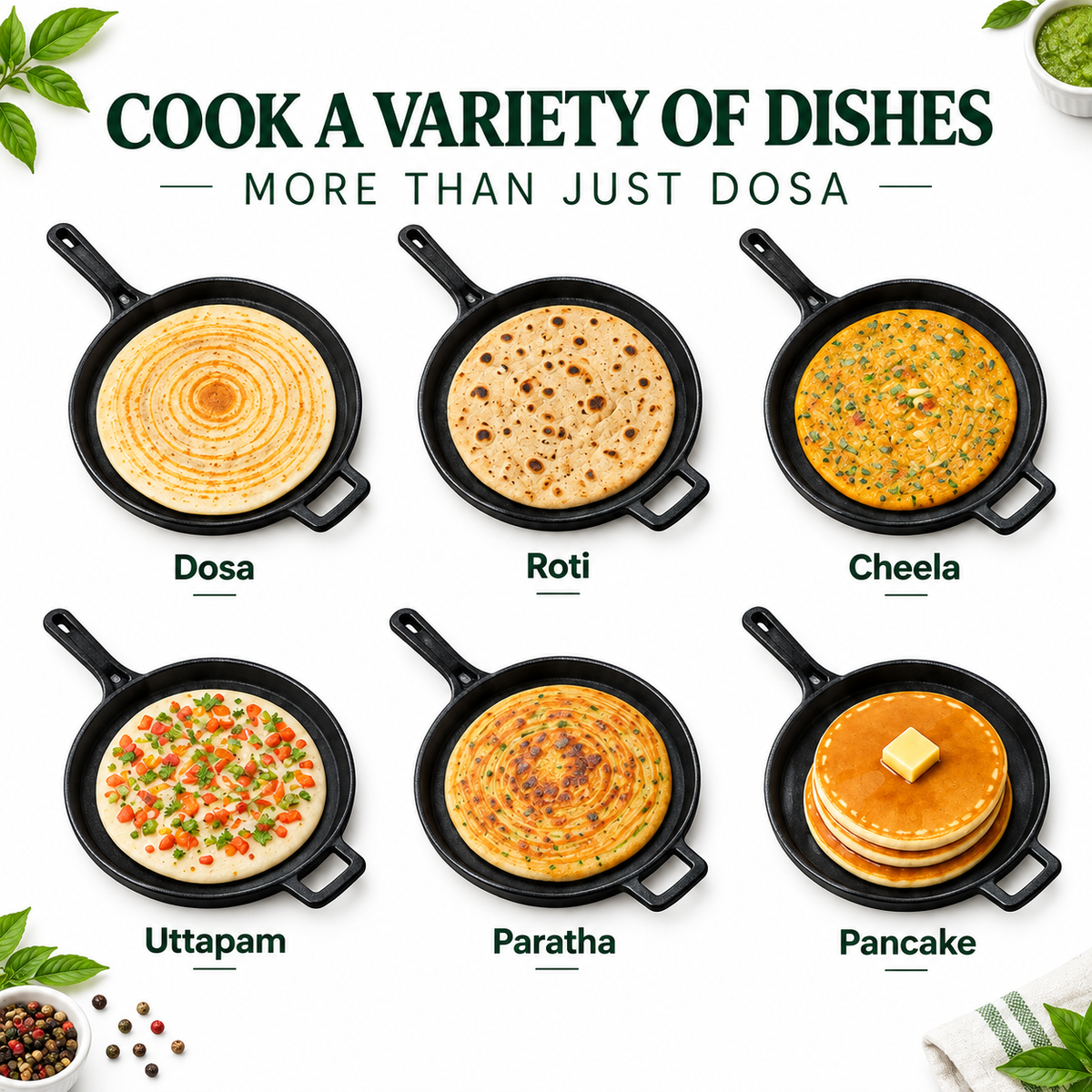 Cast Iron Dosa Tawa - 28cm - 100% Natural & Non-Stick | Pre Seasoned | Made In India