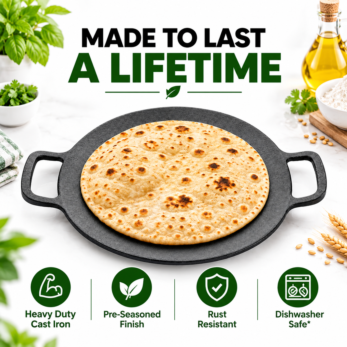 Cast Iron Roti Tawa [Two Side Handle] - 25CM - 100% Natural & Non-Stick | Pre-Seasoned Oil | Made In India