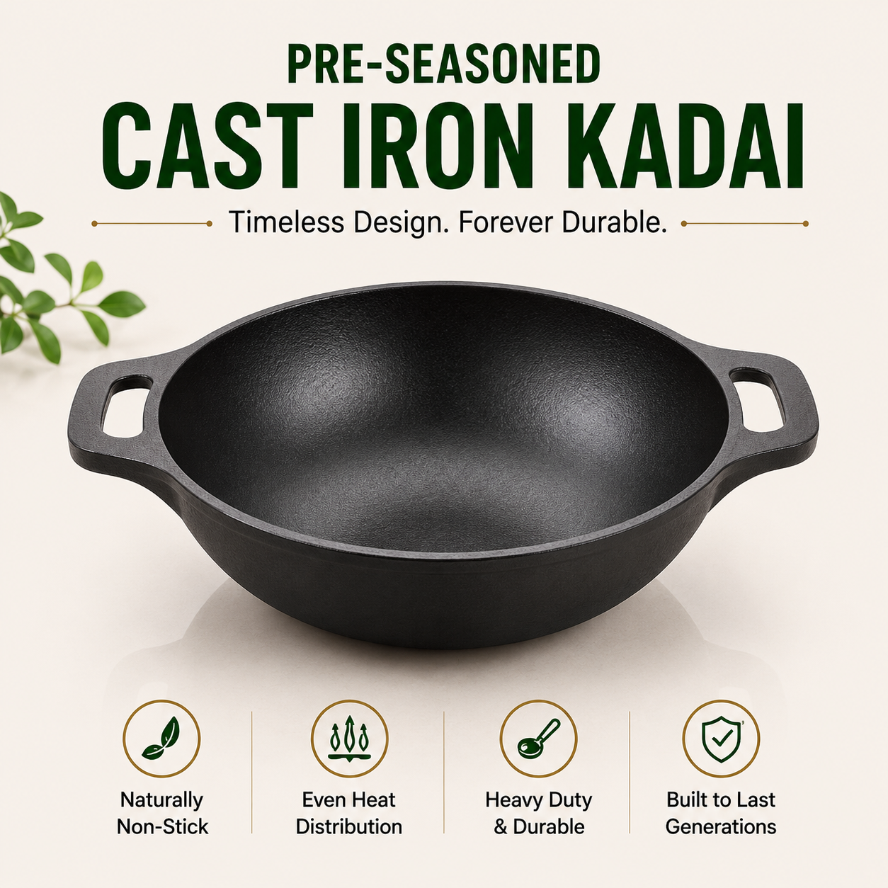 Cast Iron Kadai 10 Inches | Wide Heavy-Duty Iron Cooking Kadai
