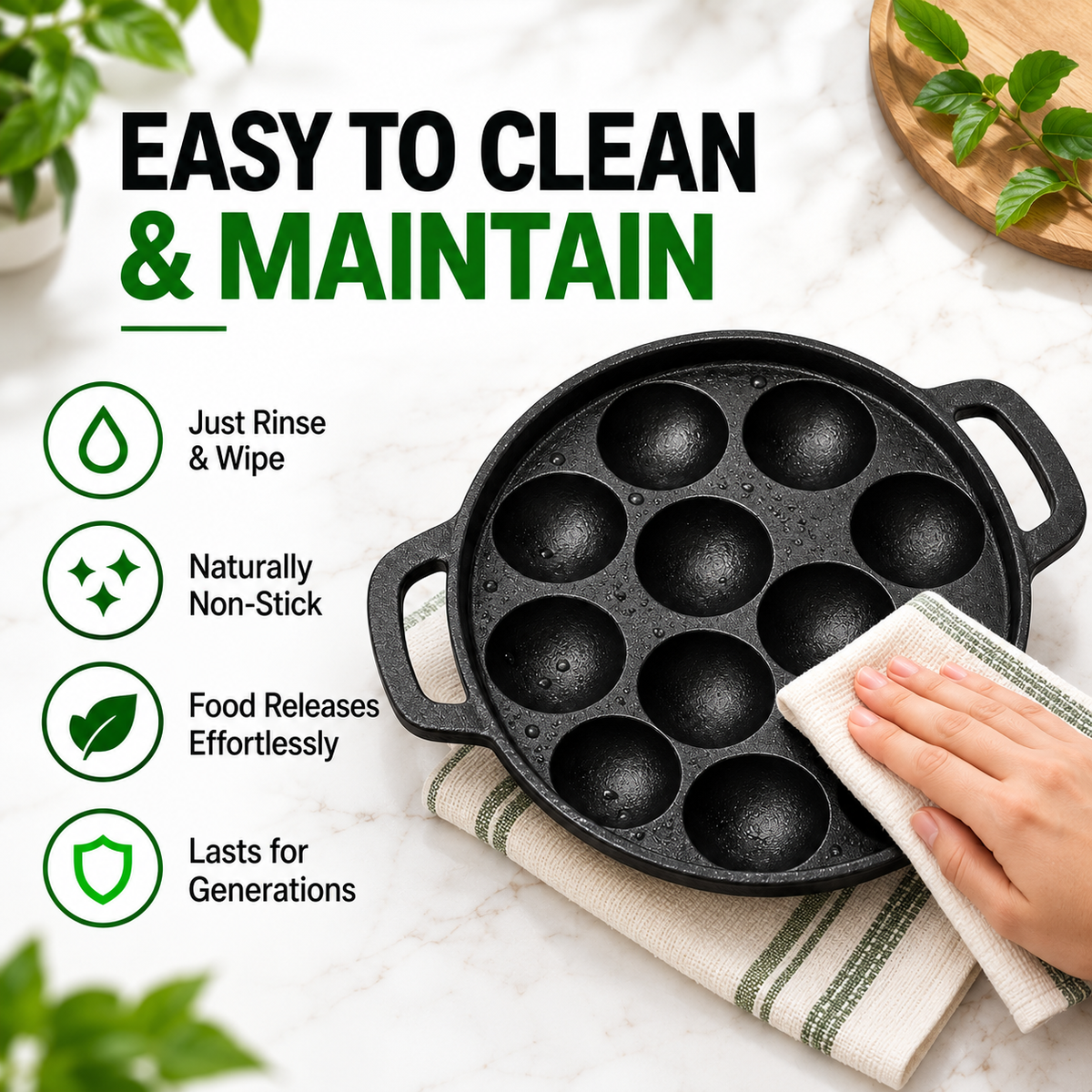 Cast Iron Appam Patra [12 Pit] - 100% Natural & Non-Stick | Pre-Seasoned Oil | Made In India