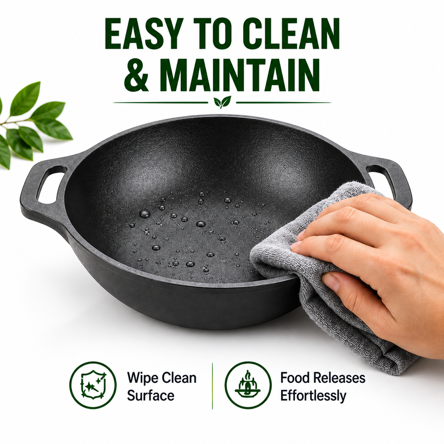 Cast Iron Kadai 10 Inches | Wide Heavy-Duty Iron Cooking Kadai