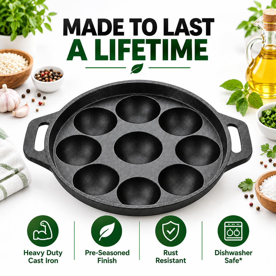 Cast Iron Appam Patra [9 Pit] - 100% Natural & Non-Stick | Pre-Seasoned Oil | Made In India