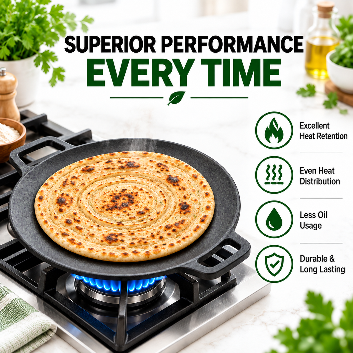 Cast Iron Roti Tawa [Two Side Handle] - 25CM - 100% Natural & Non-Stick | Pre-Seasoned Oil | Made In India