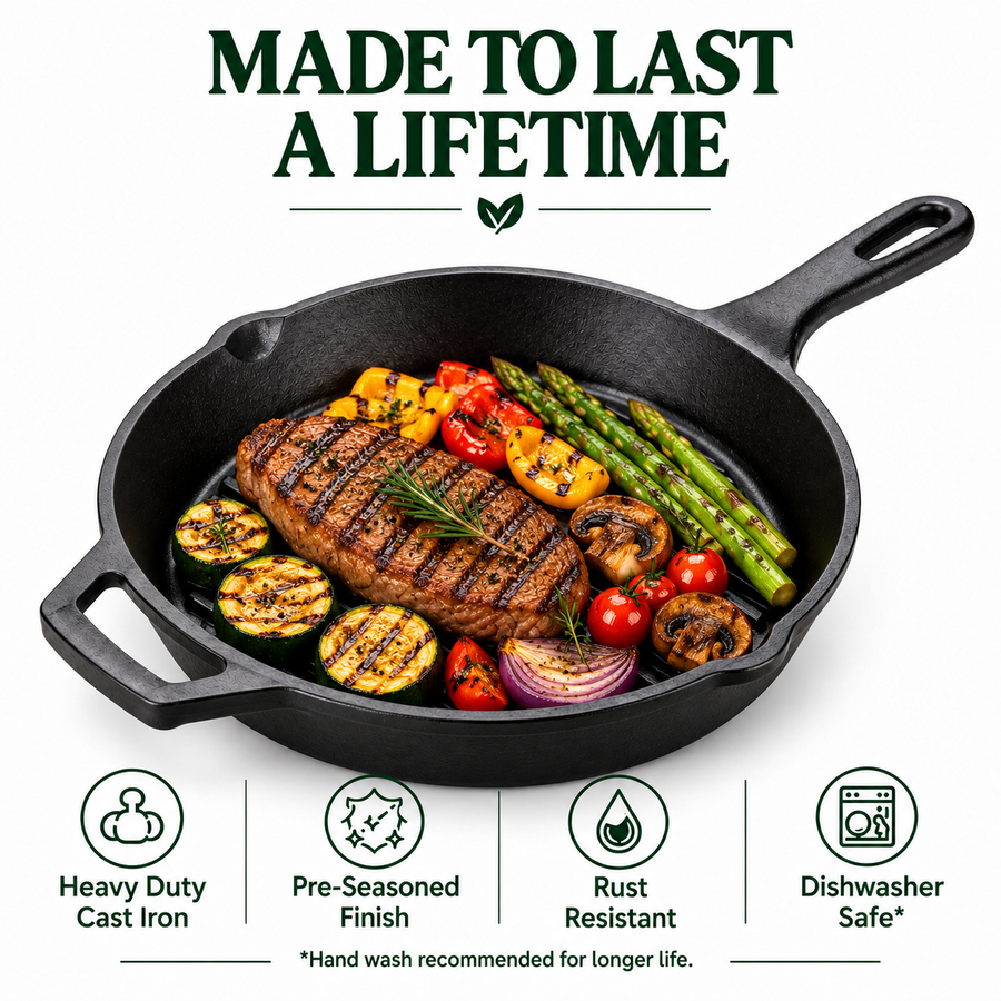 Cast Iron Grill Pan | Heavy-Duty Ribbed Grill & Searing Pan