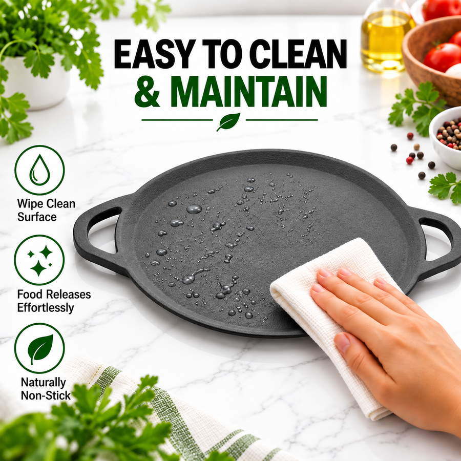 Premium Cast Iron Dosa Tawa [Double Handle] - 33CM - 100% Natural & Non-Stick | Pre-Seasoned Oil | Made In India