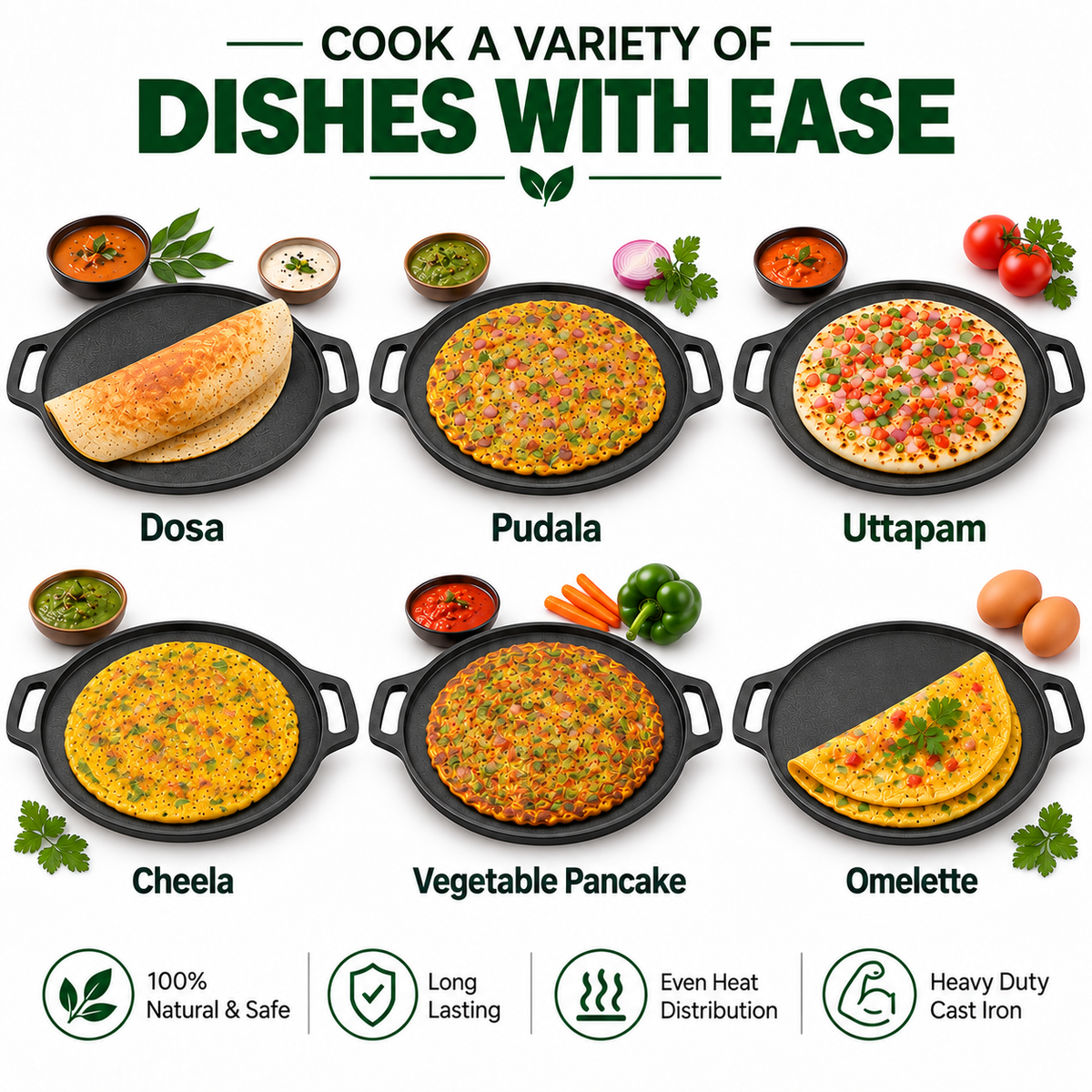 Cast Iron Dosa Tawa - 30cm - 100% Natural & Non-Stick | Pre Seasoned | Made In India