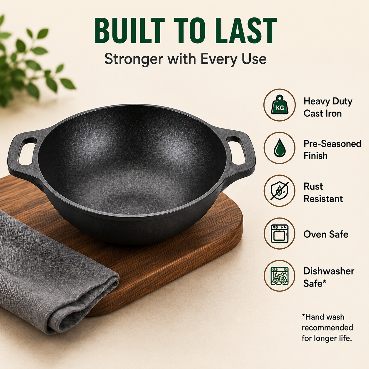 Cast Iron Kadai 10 Inches | Wide Heavy-Duty Iron Cooking Kadai